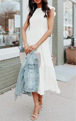 Medium Women's Summer Flutter Sleeve Smocked Midi Dress Short Sleeve, Smocked, Crewneck, Tiered, Flowy, A Line, Casual, Elegant, Wedding Guest, Engage