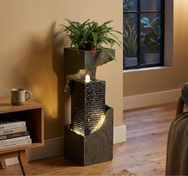 1019 35.4" Outdoor Indoor Waterfall Fountain with LED Lights Floor Standing Water Feature Calming Waterfall Ambiance for Garden, Patio, Backyard, Porc