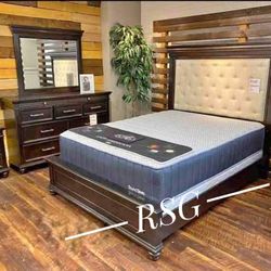 King/Queen Bedroom Set; Dark Brown Wooden Bedroom Set; Bed Frame, Dresser, Nightstand, Mirror 💛