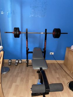 Bench + bar + dumbells + plate 