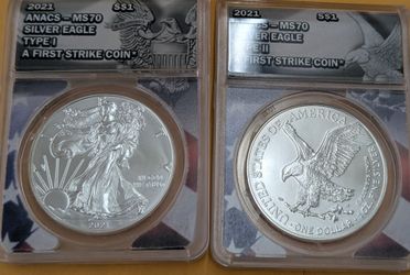 Sets of the first and last year of 2021 Silver Eagle First Strike MS70 of type one and type