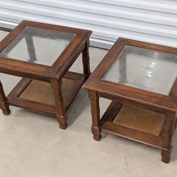 Solid Wood End Tables with Glass Tops – Matching Pair – Vintage Style