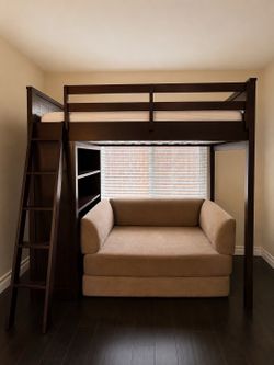 Solid Wood Loft Bed (Twin) w/ Built-In Desk & Bookshelf + Like-New Memory Foam Mattress – Espresso