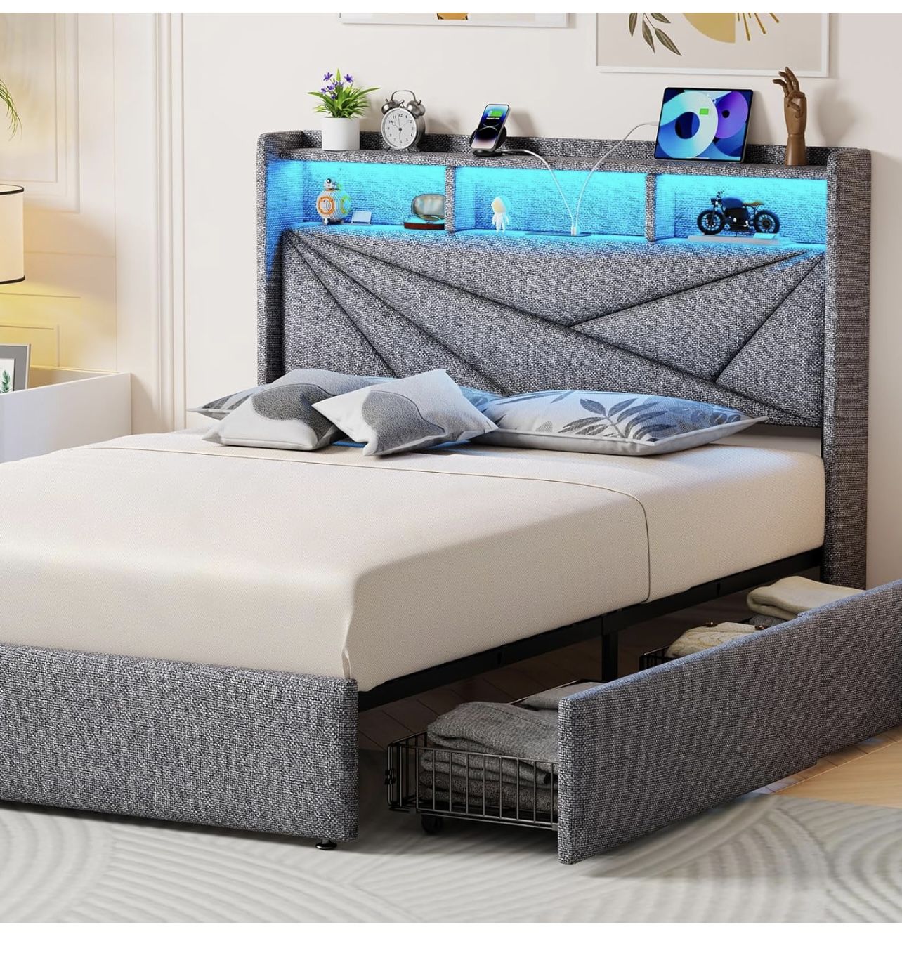 Full Bed frame With 4 Storage Bins, LED, Outlet, New
