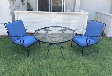 Beautiful Outdoor Glass And Wrought Iron Patio Set With 2 Cushioned Chair