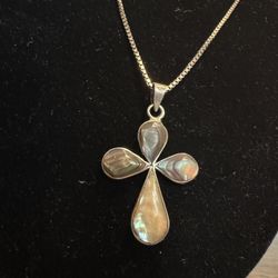 Vintage Sterling Silver Abalone Cross Necklace – 20” Box Chain – Mexico