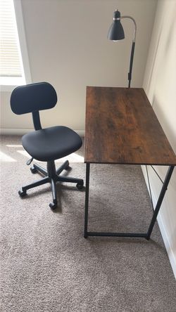 Desk, Chair, and Lamp