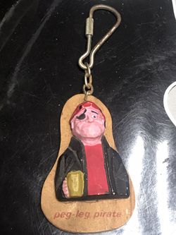 1970s PIRATE Keychain, Peg-Leg Pirate Carved Wood Figural Key Fob, Key Ring, Rum Drinker, Swashbuckler, Barware, Gift for Him