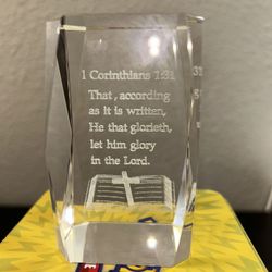  Vintage 3D 1 Corinthians 1:31 Laser Etched Crystal Paperweight Rectangle Holiday