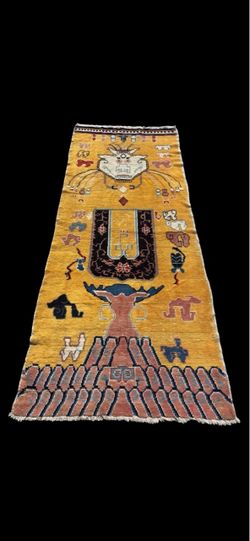 One of a Kind Antique 100% Handmade Vegetable Dyed Wool Tibetan Temple Rug 3’6x8’3