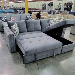 ✅️✅️2 pc grey velvet sectional sofa set pull out sleep area with reversible pop up storage chaise nail head trim tufted accents✅️