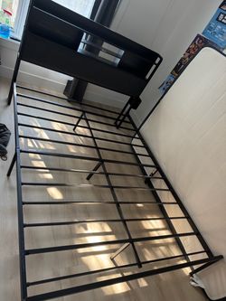 Black Metal Bed Frame with Headboard Shelf