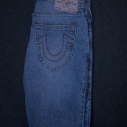 Blue True Religion Jeans With Orange Stitching 