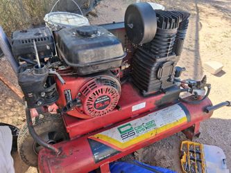 gas-powered wheelbarrow style air compressor starch then dies carboer needs cleaned distributed or branded by Carlson Systems, powered by a commercial