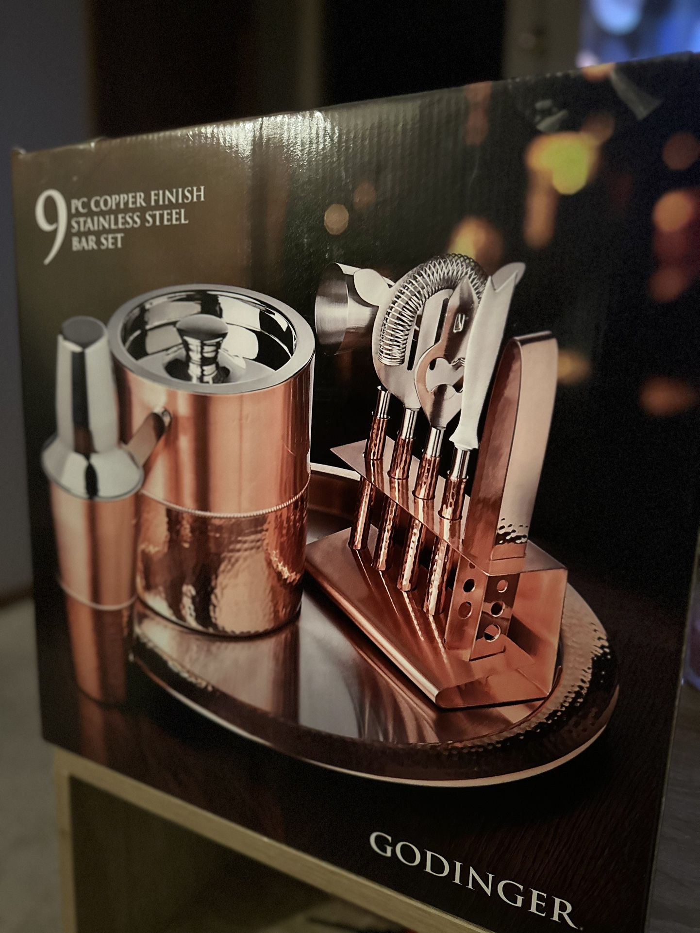 9 Piece Copper Finish Stainless Steel Bar Set
