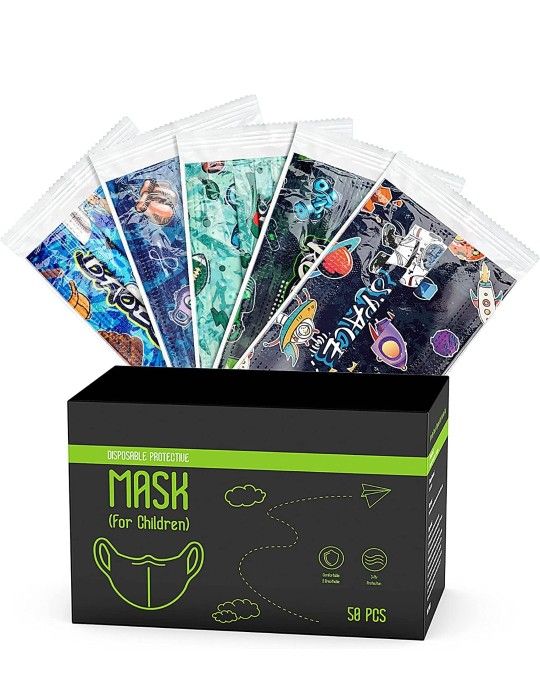 50x Kids Individually Wrapped Disposable Face Masks, Assorted Print 3-Ply Breathable Non-woven Comfortable Face Masks