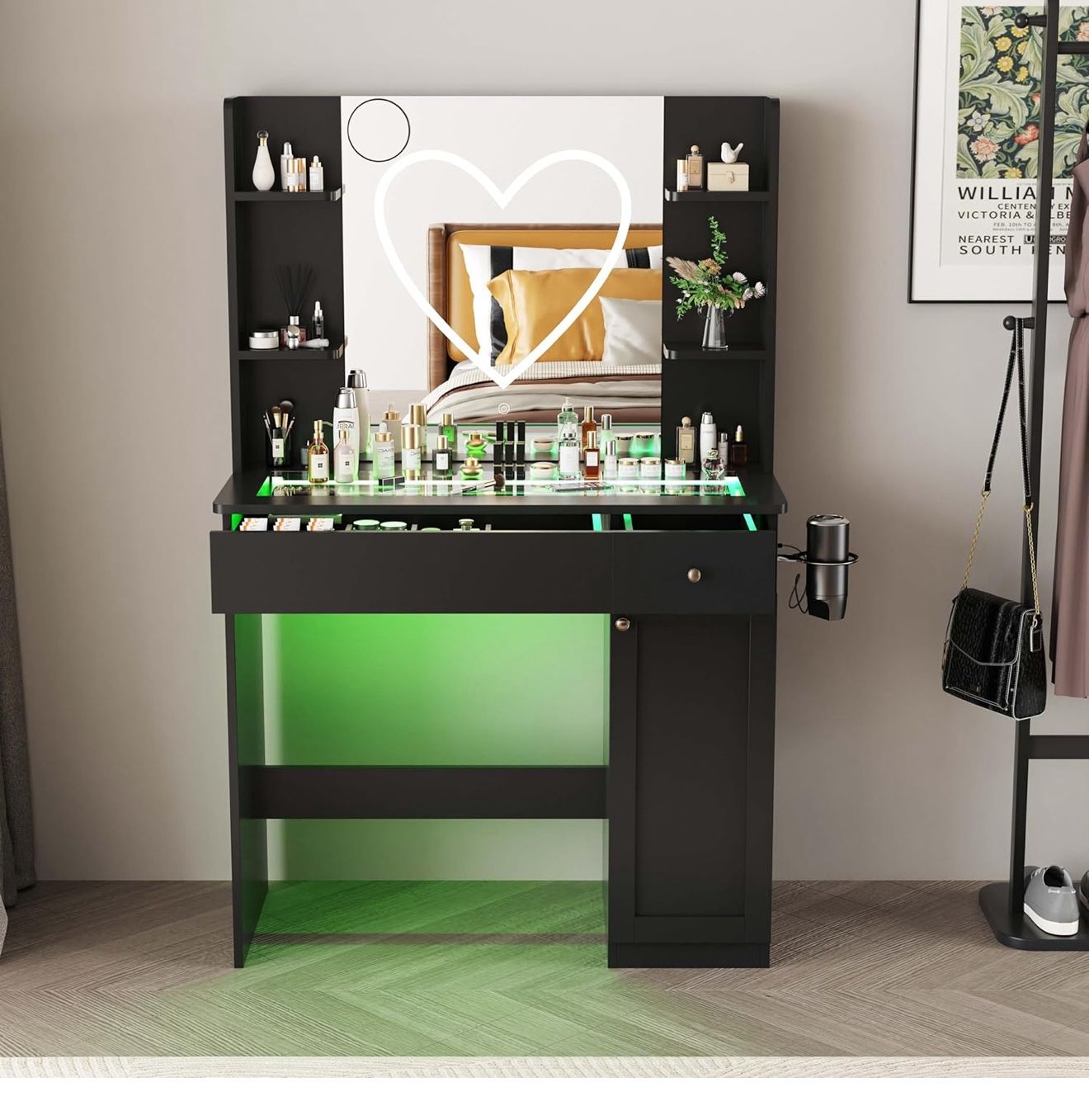 Vanity Black Desk with Mirror and Lights Heart Strip, RGB Led, Glass Top Bedroom Dresser with Rechargeable Outlet (Fcc) with Stool