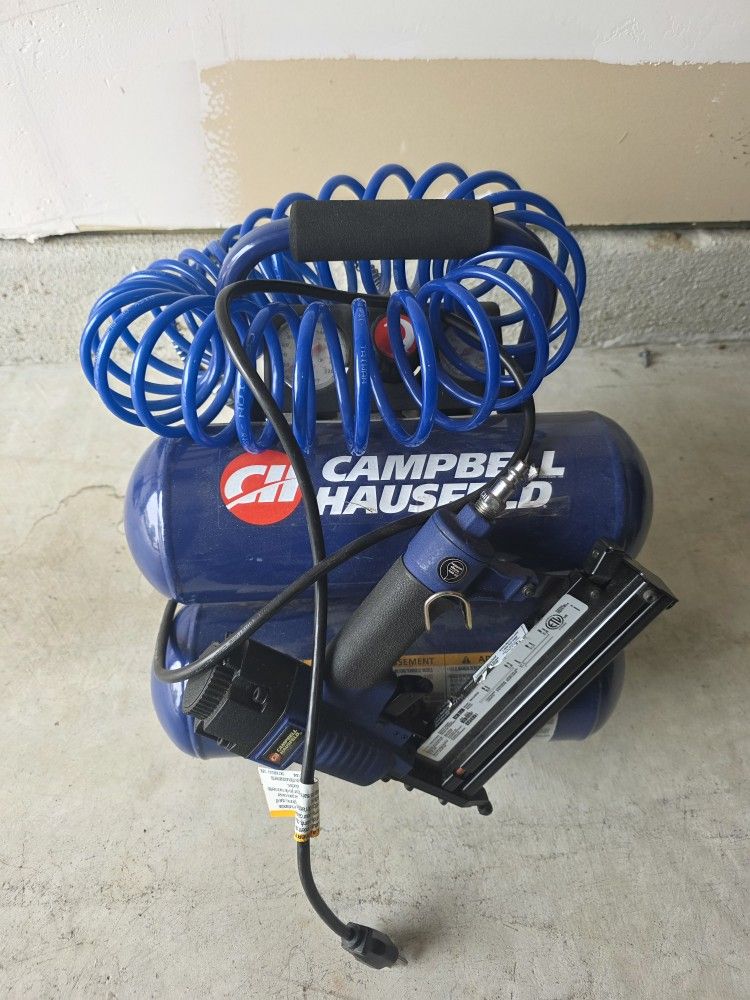 Campbell Hausfeld 2 Gal. Twin-Stack Air Compressor + pneumatic brad nailer - $100
In great working condition