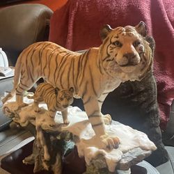Tiger & Cub Statue 12.5” Tall x 18” Long Acrylic w/Wood Base