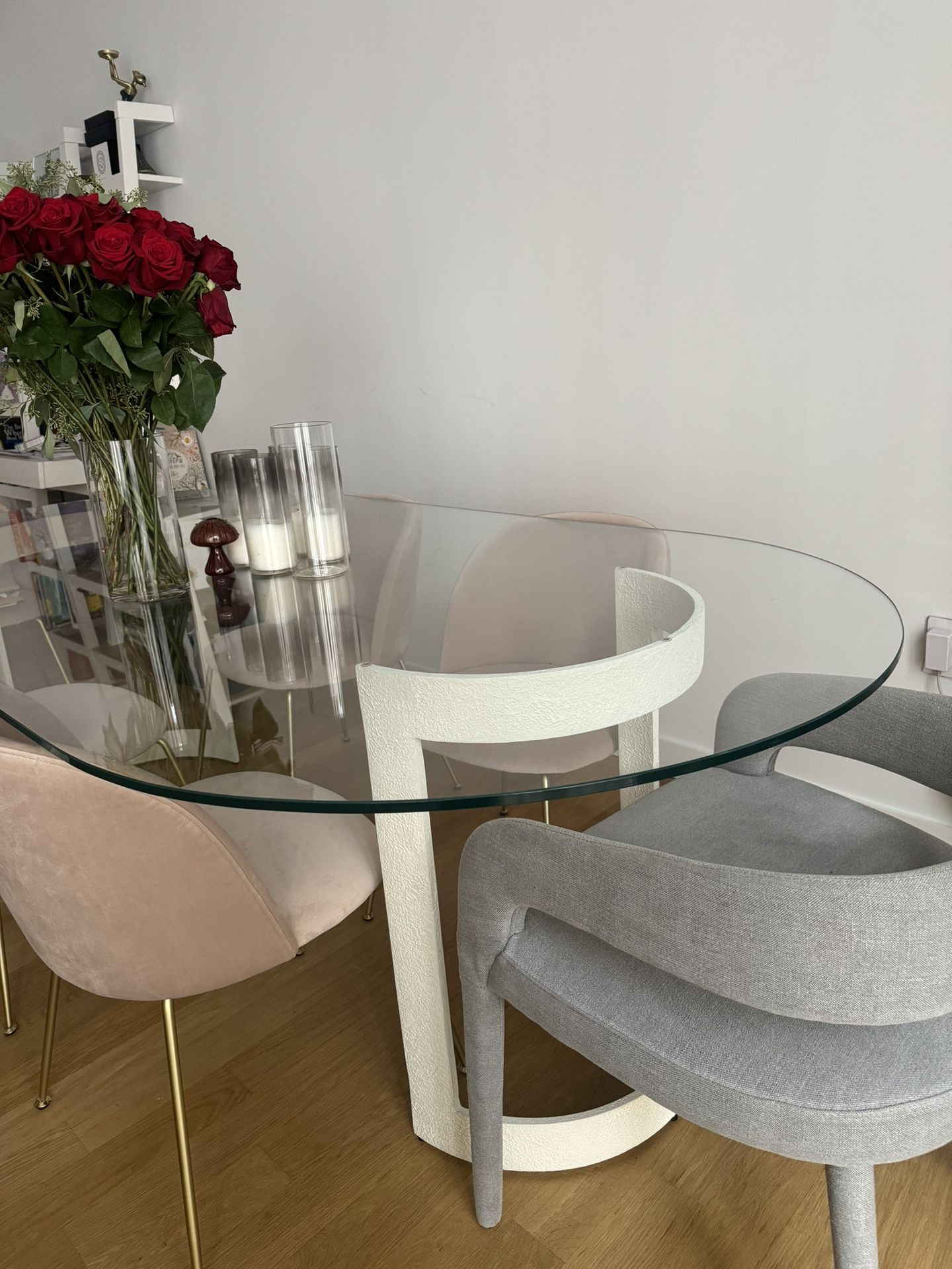 Glass Dining Table (cream stone base) Seats 6+