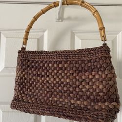 Women’s Dark Brown Handbag Bamboo Top Handle Basket Bohemian Style Handbag 