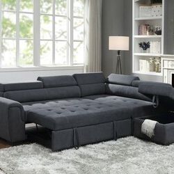 Haris 97" Dark Gray Fabric Sleeper Sofa Sectional with Adjustable Headrest and Storage Ottoman