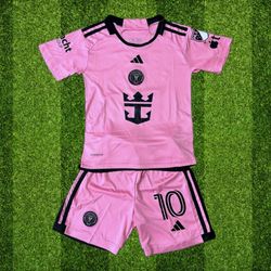 Inter Miami CF Leo Messi #10 Pink Home Kids soccer kit, Jersey & Shorts