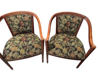 Pair Ethan Allen Floral Upholstered Wood Accent Chairs Made in USA