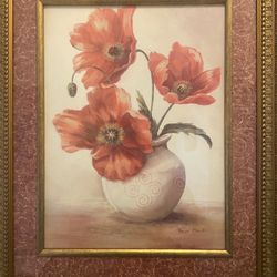 A framed art piece identified as "Amanda's Poppies" by the artist Vivian Flasch.  