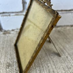 Antique French Brass Photo Frame with Ribbon Top – Beveled Glass, Easel Back, c.1900s