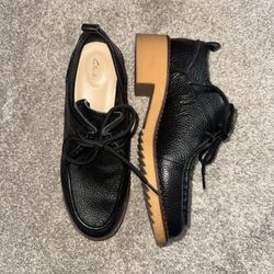 Clarks Black Leather Oxfords with Brown Sole