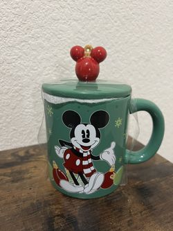 Disney Christmas Mickey Mouse Mug Cup With Mickey Ornament Topper HTF