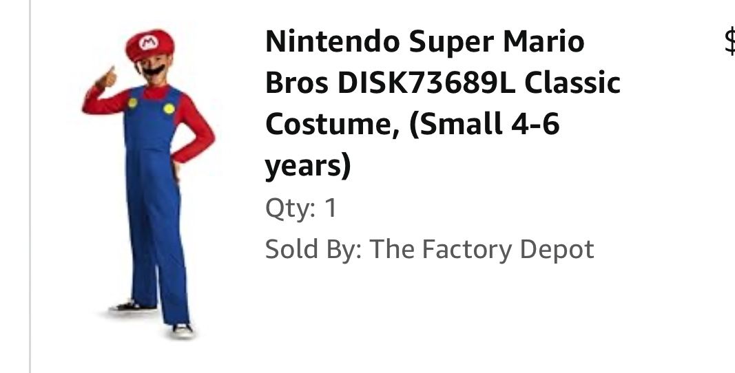 Super Mario Bros Costume 4-6 Years Old