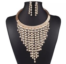 Gold rhinestone choker necklace and earrings set