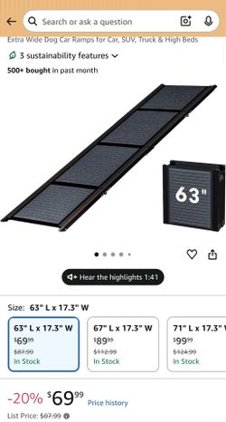 Wide Folding Dog Ramp for Large Dogs Up to 250lbs ( 63" Long x 17.3”)