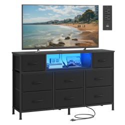 Dresser for Bedroom with Outlets & LED Lights, 8 Fabric Drawers TV Stand for TVs Up to 55 Inches, Chest of Drawers with Steel Frame, Ink Black, BELLAH