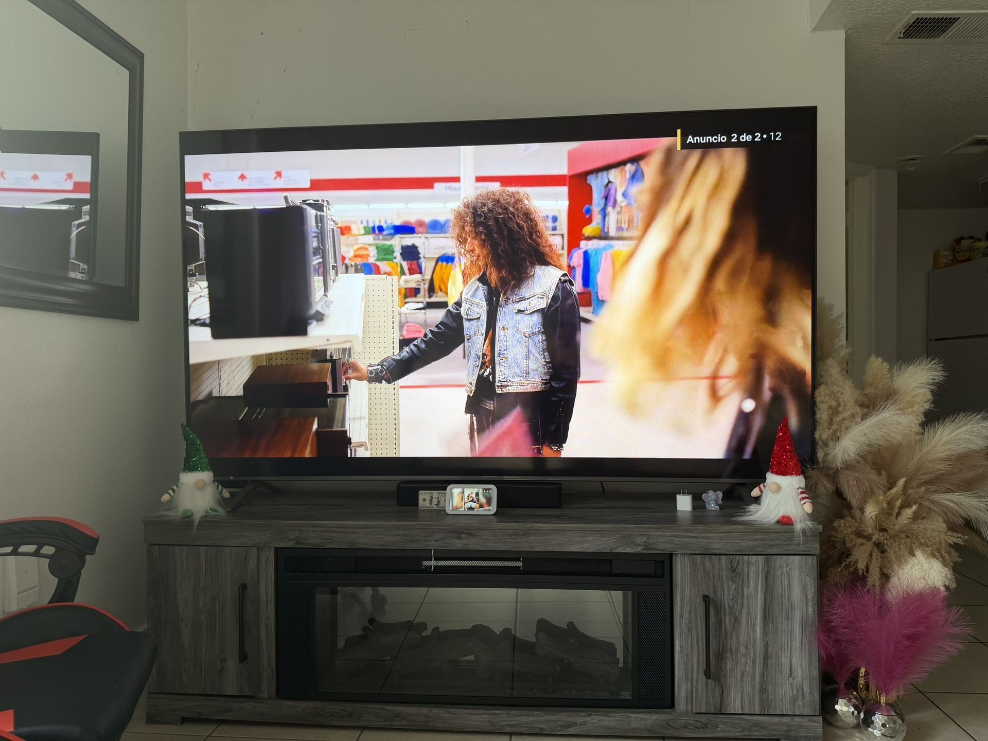 LG 85” TV + TV Stand with LED Lights, Sound & Heater