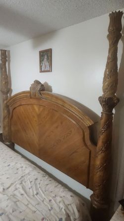 Four Poster Wood Bed Frame with Carved Posts his and hers side dressers and xl dresser with 5x 6 mirror