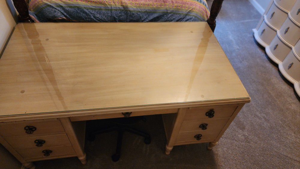 Nice Vintage Large Desk With Glass Top