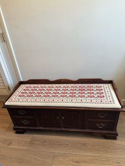Vintage Wood Storage Bench with Cushion