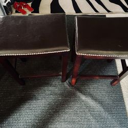 2 Beautiful Leather + Wooden Brown Stools 