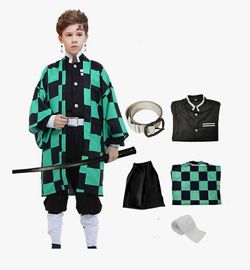 Halloween Cosplay Costumes Kamado Tanjir Kids Anime Kimono Halloween Green Cloak, XL