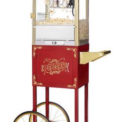 Matinee Popcorn Machine with Cart - 8oz Popper with Stainless-Steel Kettle, Warming Light, and Accessories by Great Northern Popcorn (Red)