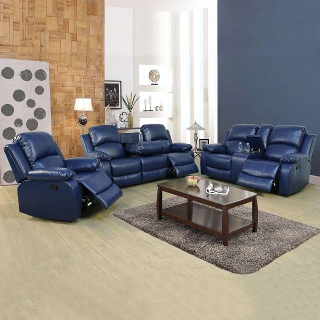dark blue upcycled leather recliner sofa couches family living space collection furnishings three-piece sale