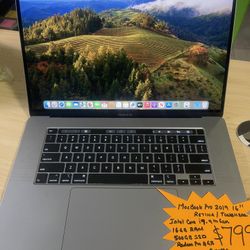 MacBook Pro 2019 15” Touch Bar Retina Intel 6 Core i7-9th Gen@ 2.6GHz,16gb Ram, 256gb SSD, Radeon Pro 5300M  4GB Graphics. latest macOS Sonama. Micros