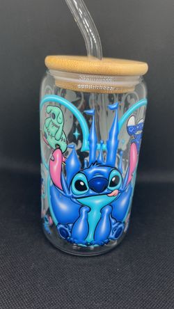 Stitch Glass Can Cup with Bamboo Lid and Straw