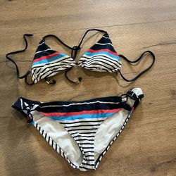 Women’s Navy Blue & Red Striped Bikini Swimsuit / Two-Piece Top And Bottom - Size Medium