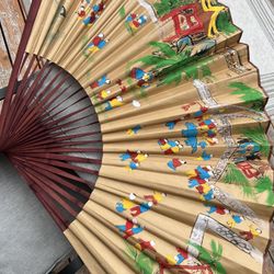 Large Hand Painted Asian Storytelling Folding Fan - Vintage Wall Decor