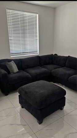 Brand new black corduroy sectional sofa couch with ottoman