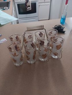 Vintage Frosted Gold Leaf Highball Glasses with Caddy